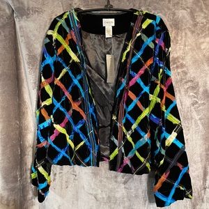 NWT Chico’s Size 3 (16) Black Velvet Lattice Work Ratu Jacket SEP Open Front